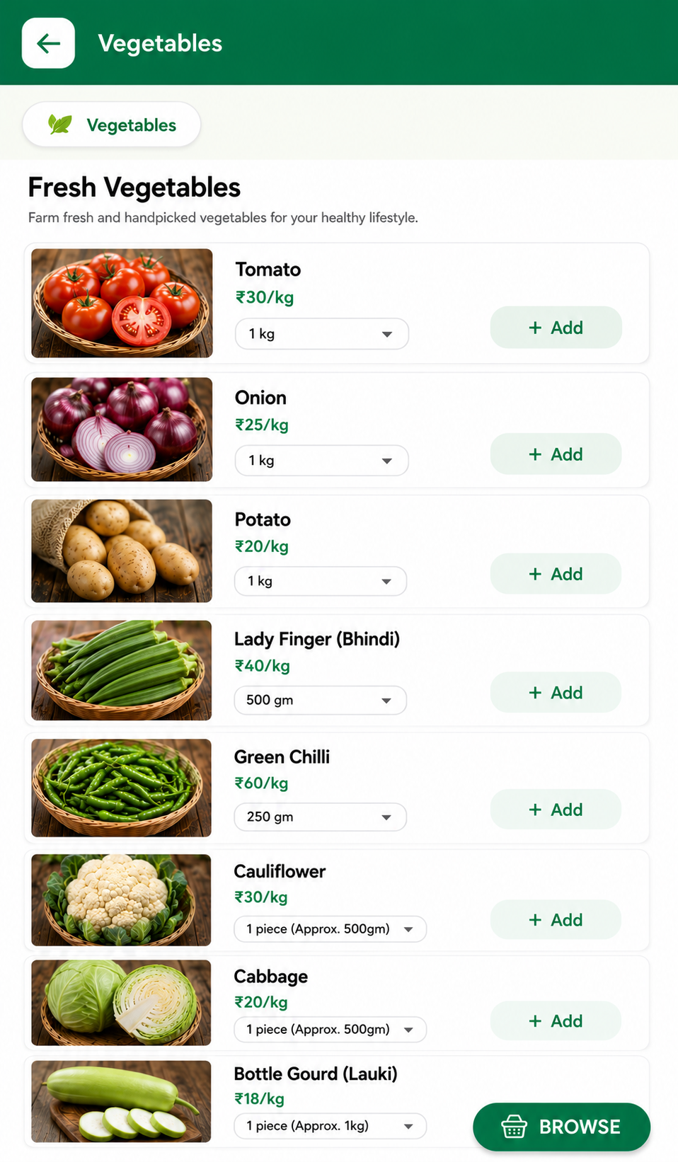 Shetkari Mall App Vegetables Screen